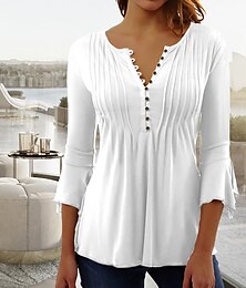 cheap -Women's Shirt Tunic Blouse Plain Casual Button Flowing tunic White 3/4 Length Sleeve Basic V Neck
