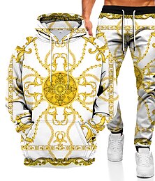 economico -Per uomo Tuta Da Ginnastica Set di felpe Nero Bianco Rosso Oro Con cappuccio Pop art Stampa di catene 2 pezzi Stampa Sportivo Informale Sport Stampa 3D Streetwear Abbigliamento sportivo Essenziale