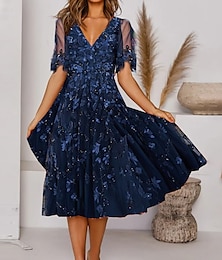 cheap -Women's Casual Dress Midi Dress Navy Blue Short Sleeve Floral Ruched Spring Summer V Neck Elegant Wedding Guest 2023 S M L XL 2XL 3XL