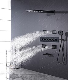 abordables -Robinet de douche, système de douche à effet pluie Mitigeur thermostatique à 5 fonctions ensemble de massage à jet de corps douche à effet pluie cascade de douche à jets multiples finitions peintes