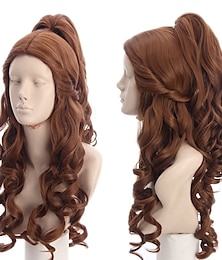 economico -parrucche da donna parrucca cosplay lunga riccia marrone onda con coda di cavallo