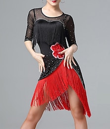 Χαμηλού Κόστους -λάτιν χορευτικό φόρεμα φούντα με κρόσσια γυναικεία απόδοση μισό μανίκι διχτυωτές ίνες γάλακτος