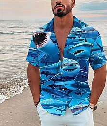 preiswerte -Herren Tier Hai Tropisch Hemd Hawaiihemd Sommerhemd Camp-Shirt Kurzarm Hemd Umlegekragen Modisch Designer Brautkleider schlicht Outdoor Strasse Casual Schwarz Blau Staubiges Blau 3D-Druck S M L