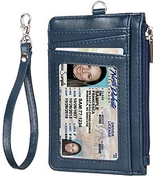 economico -Portacarte di credito in pelle per uomini e donne custodia per ID aziendale RFID borsa per carte autobus pass copertura per nome portafoglio slim con lanyard