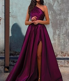 cheap -A-Line Evening Gown Elegant Dress Wedding Guest Engagement Floor Length Sleeveless One Shoulder Satin with Pleats Slit 2024