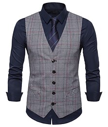 economico -Per uomo Gilet Panciotto Matrimonio Ufficio Attività commerciale Giornaliero Lavoro Informale Inverno Tasche Poliestere Antivento Asciugatura rapida A quadri Monopetto A V Standard Grigio chiaro
