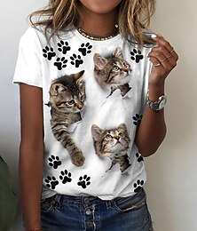 お買い得  -女性用 Tシャツ 猫 3D カジュアル 週末 プリント ホワイト 半袖 ベーシック ラウンドネック