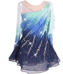 preiswerte -Eiskunstlaufkleid Damen Mädchen Eislaufen Kleider Blau + grün Schwarz Patchwork Glitzer Gitter Elasthan Hochelastisch Praxis Wettbewerb Eiskunstlaufkleidung Handgemacht Kristalle Langarm Eislaufen