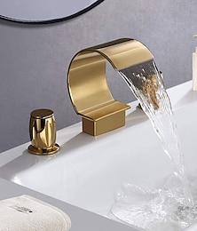 abordables -Robinet de lavabo de salle de bain, élégant robinet de remplissage de baignoire à bec cascade en arc à double poignée avec robinet de salle de bain répandu à trois trous or / noir mat
