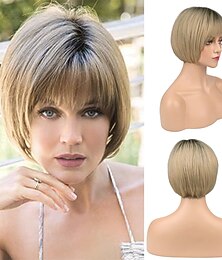 economico -parrucca bionda bob con frangia ad aria per donne bianche 10 parrucche corte biondo cenere ombre con radici scure parrucche sintetiche parte laterale parrucchino dall'aspetto naturale