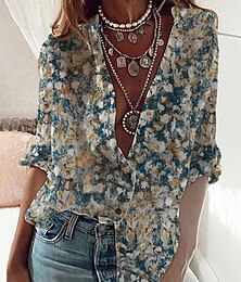 economico -Camicia da Donna Tunica Streetwear Casual Florale Stampa Bottoni Maniche Lunghe Top Regolari Giornaliera Weekend Blu Primavera Autunno