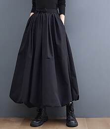 preiswerte -Damen Swing Langer Rock Maxiröcke Tasche Kordelzug Unifarben Büro / Karriere Alltag Frühling&amp;herbst mode streetwear lässig schwarz