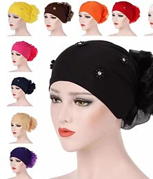 cheap -New Women Hair Loss Cap Beanie Skullies Flower Pearls Muslim Cancer Chemo Cap Islamic Indian Hat Cover Head Scarf Fashion Bonnet