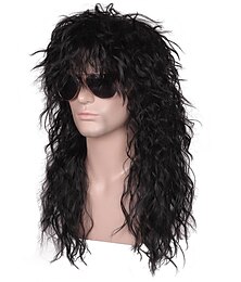 cheap -Funny mens Halloween costume Wig Mens 70s 80s Long Curly Black Rocker Costume Wig