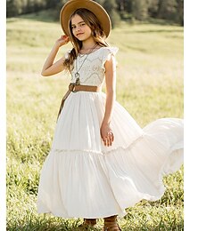 preiswerte -Kinder Wenig Mädchen Kleid Einfarbig A Linie Kleid Täglich Festtage Spitze Rüschen Weiß Wein Armeegrün Baumwolle Maxi Kurzarm Prinzessin Süß Kleider Sommer Regular Fit 4-13 Jahre