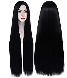 economico -la famiglia addams 40 pollici 100 cm parrucche nere extra lunghe per donne parrucca per capelli lisci parrucche nere naturali per feste parrucca da donna morticia addams parrucche di carnevale