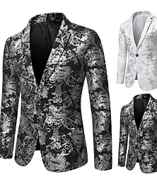 billiga -Herr Kavaj Fest / Kväll Affärskläder Festival Antik Elegant och lyxigt Vår Höst Polyester Blommig Mönster Modern Stil Skinande Enkelknäppt med Ett Knapphål Blazer Svart Vit Guld