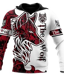 お買い得  -男性用 オオカミ グラフィック パーカー フーディーズ スウェットシャツ ストリートファッション ベーシック 長袖 フード付き スポーツ 日常 祝日 ルビーレッド プリント 春 & 秋 デザイナー
