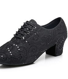 cheap -Women's Latin Dance Shoes Practice Trainning Dance Shoes Indoor Professional Softer Insole Sequins Low Heel Thick Heel Round Toe Lace-up Adults' Black White