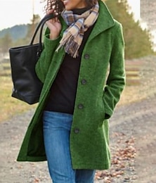 cheap -Women's Wool Coat Fall Pea Coat Winter Warm Overcoat Casual Daily Street Style Smocked Single Breasted Turndown Green Dark Grey Regular Fit S M L XL XXL 3XL / Windproof