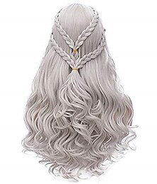 economico -Parrucche di Daenerys Targaryen Parrucche Argento per Donne Parrucca Lunga con Capelli Intrecciati per Festa Parrucche di Halloween