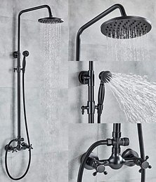 billige -Shower Faucet,Copper Shower System Set Rainfall Antique Oil-rubbed Bronze Two Handles Three Holes Bath Shower Mixer Taps with Hot and Cold Switch and Ceramic Valve