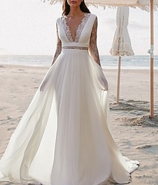 preiswerte -Strandhochzeit Strand Offene Schulter Boho Hochzeitskleider A-Linie V-Ausschnitt Ärmellos Bodenlang Chiffon Brautkleider mit Falten 2025