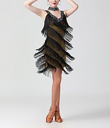 abordables -baile latino vestido con flecos borla mujer rendimiento fiesta temática sin mangas cintura alta poliéster
