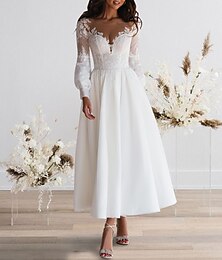 economico -Ricevimento Matrimonio in Spiaggia Vestito Bianco Vintage Anni 1940  1950 Abiti per Bridal Shower Vestiti da Matrimonio A-Line Collo Illusione Maniche Lunghe Lunghezza Caviglia Chiffon Abiti da Sposa