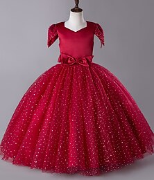 voordelige -Kinderen Voor meisjes Jurk Lovertje Effen Korte mouw Feest Festival Pailletten Netstof Sierstenen Prinses Zoet Katoen Polyester Midi Zomer 4-13 jaar Rood Groen