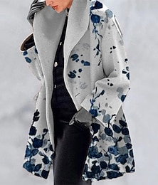cheap -Women's Winter Coat Long Overcoat Floral Print Pea Coat Fall Mid Length Trench Coat Windproof Warm Single Breasted Lapel Wool Blend Jacket