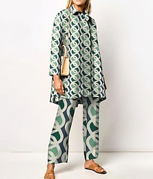 economico -Set di camicia e pantaloni eleganti da donna in 2 pezzi blusa pantaloni lunghi a maniche lunghe collo della camicia stampa geometrica lavoro d'ufficio nero giallo marrone autunno e inverno