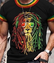 cheap -Lion Reggae Mens 3D Shirt For Festival | Black Summer Cotton | Men'S Unisex Tee Graphic Prints Crew Neck Red Green 3D Outdoor Street Short Sleeve Clothing Apparel