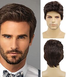 economico -parrucca marrone da uomo, bel maschio, capelli corti, sintetico, costume da carnevale, toupet per uomo, uso quotidiano per feste