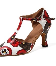 cheap -Women's Ballroom Dance Shoes Modern Shoes Training Indoor Practice Heel Contemporary Dance Floral Print Flared Heel Closed Toe T-Strap Red / White Yellow