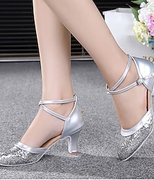 cheap -Women's Ballroom Dance Shoes Modern Shoes Stage Indoor Professional Heel Practice Glitter Flared Heel Cross Strap Silver Gold