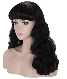 economico -Parrucche nere vintage medi lunghezze degli anni 50 con frangia parrucca in capelli sintetici ondulati naturali per donne cosplay Carnevale Parrucche di Halloween
