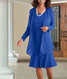 abordables -Robe A-Line mère de la mariée invitée de mariage élégante wrapper inclus décolleté en bijou longueur genoux chiffon sans manches avec volants couleur solide taille personnalisée gratuite