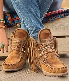 abordables -Botines con flecos de ante marrón para mujer con diseño de cordones para un estilo bohemio, perfectos para festivales y uso diario