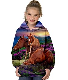 cheap -Kids Girls' girls western Hoodie Long Sleeve 3D Print Horse Animal Pocket Purple Children Tops Fall Winter Fashion Streetwear Adorable Daily Indoor Outdoor Regular Fit 3-13 Years