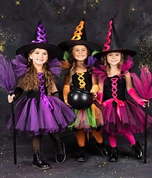 cheap -Halloween Girls' 3D Patchwork Witch costume kids Dress Set Clothing Set Short Sleeve Summer Spring Fall Costume Cotton Toddler 2-8 Years Cosplay Costumes Regular Fit