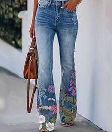 baratos -Calça jeans flare de moda feminina, bolsos laterais de perna larga, calças compridas, casual fim de semana micro-elástico, flor borboleta/conforto floral 31802 2xl
