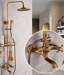 cheap -Shower Faucet,Shower System Set,Rainfall Antique Brass Shower Fixture 8 Inch Shower Head Handled Shower Waterfall Tub Spout Wall Mounted Outdoor Shower System with Shower Shelf