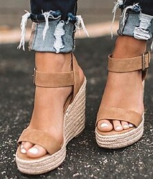 abordables -Sandalias de cuña de ante color tostado para mujer con tira en el tobillo y suela de alpargata: zapatos de plataforma informales de verano para uso diario