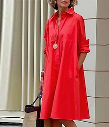 זול -שמלת חולצה לנשים שמלת מזדמנת שמלת שינוי שמלת מידי שמלת שמלת חורף חיצונית יומית פוליאסטר אלגנטית חולצה מזדמנת צווארון כיס מגולגל שרוול ארוך שרוול קיץ חורף סתיו אביב 2023 התאמה רופפת אדום