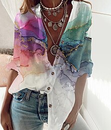 economico -Camicia da donna a maniche lunghe blusa con bottoni grafica astratta streetwear casual colletto rialzato tops regolari vacanze weekend bottoni stampa verde primavera autunno