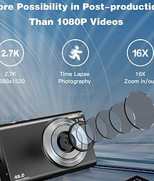levne -digitální fotoaparát 2,7k 48mp vlogging fotoaparát s automatickým ostřením digitální bodový a snímací fotoaparát s 32GB paměťovou kartou časosběrný digitální fotoaparát s 16x zoomem vhodný pro děti