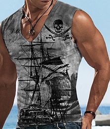 cheap -Pirate Ship Mens 3D Shirt For Beach | Purple Summer Cotton | Men'S Unisex Undershirt Graphic Prints Rudder Crew Neck 3D Outdoor Street Sleeveless Clothing Apparel Sports Casual Big And