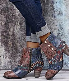 cheap -Women's Boots Boho Bohemia Beach Plus Size Party Outdoor Office Floral Geometric Booties Ankle Boots Winter Beading Chunky Heel Round Toe Vintage Walking PU Zipper Brown Rainbow