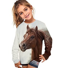 preiswerte -Kinder Mädchen T-Shirt Langarm 3D-Druck Pferd Tier Weiß Kinder Oberteile Herbst Winter Aktiv Modisch Täglich Outdoor Regular Fit 3-12 Jahre